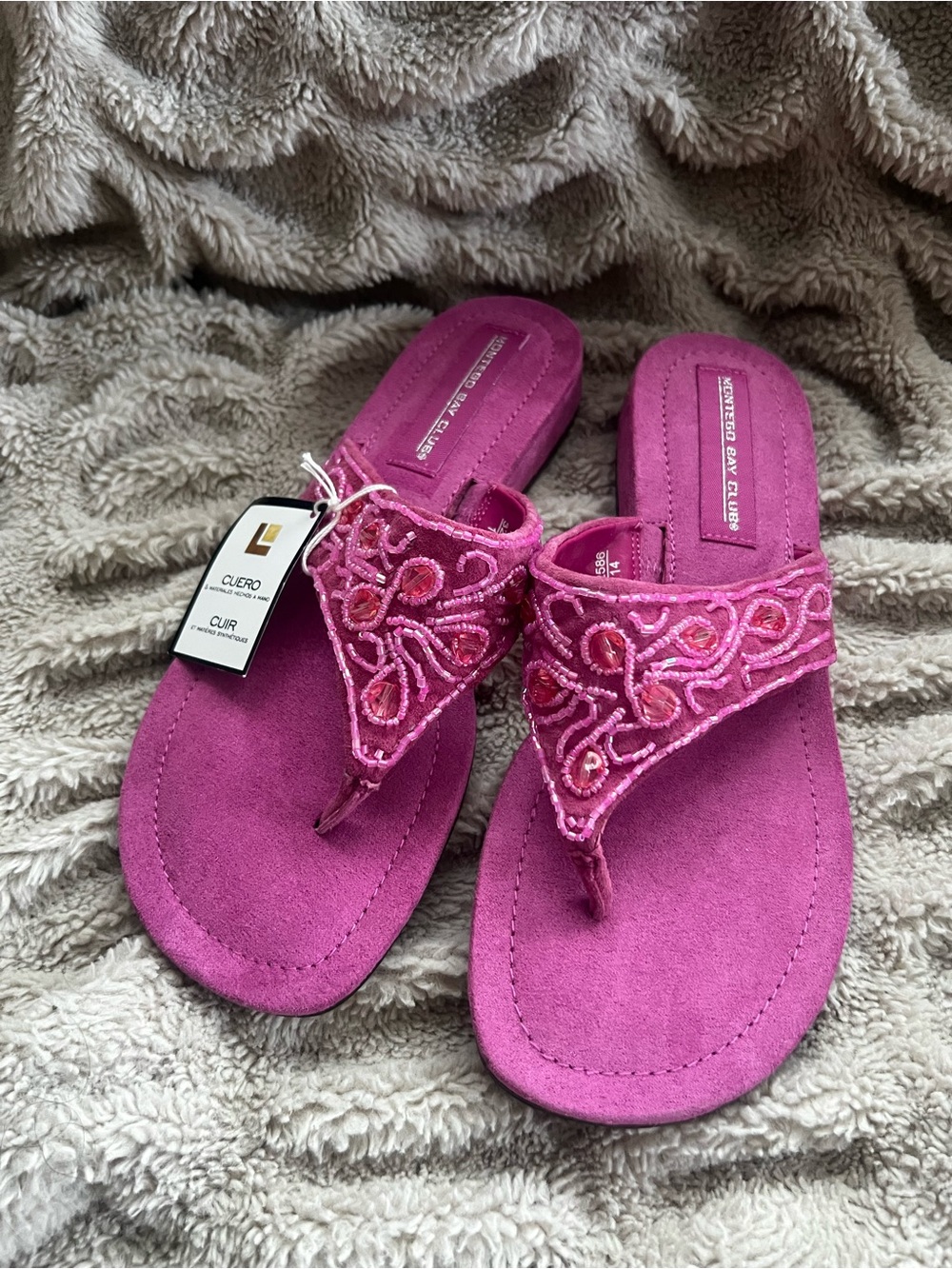 Montego Bay Club Fuchsia Beaded Suede Thong Sandals